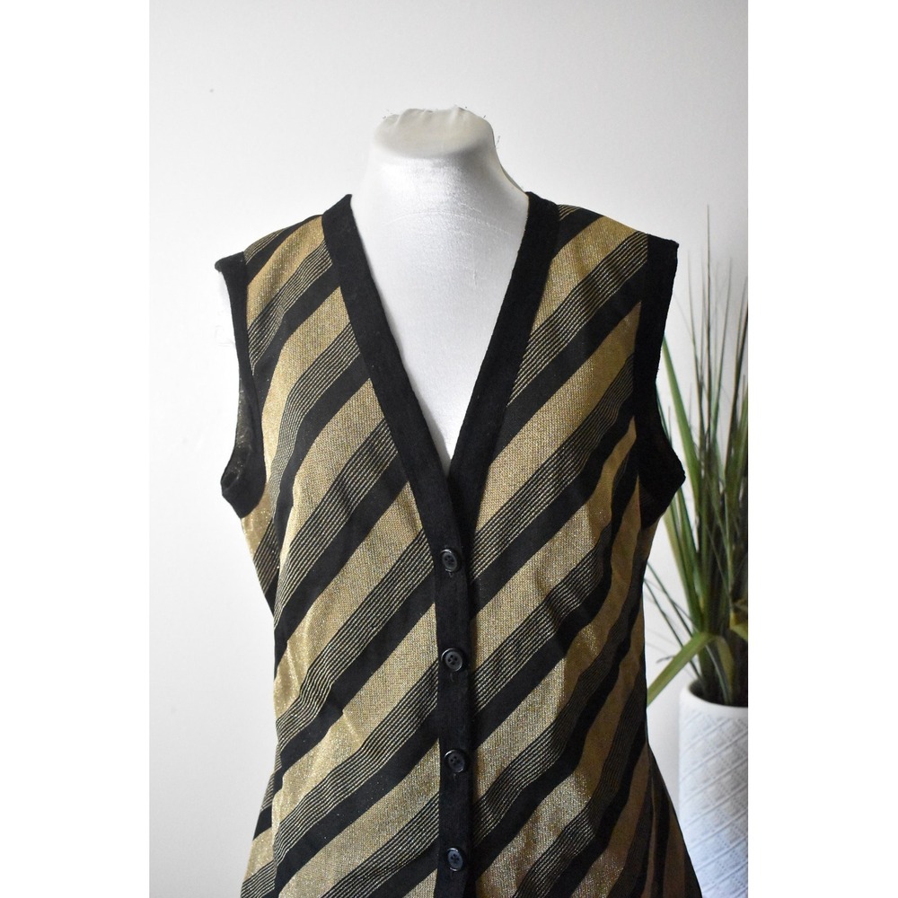 Leona Button Front Vest Women LGold Black 70s Metallic Stripe Finnish Design - Picture 2 of 8